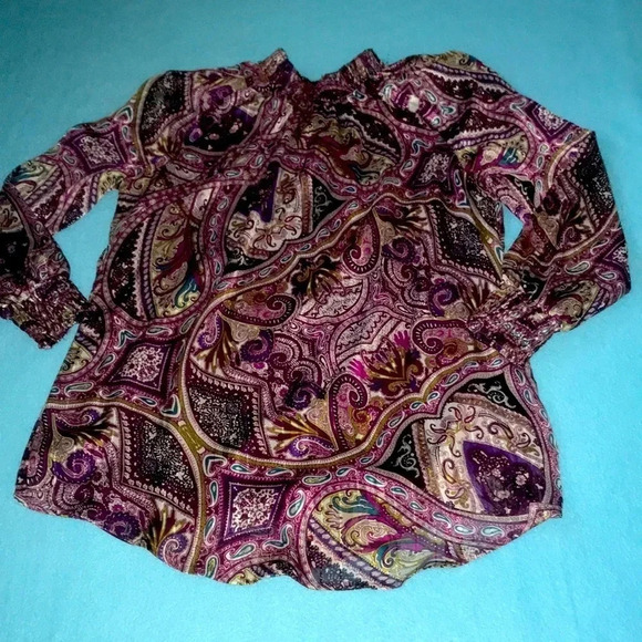 CHICO’S paisley print semi sheer long sleeve mock neck style lined size M/8P - Picture 2 of 11